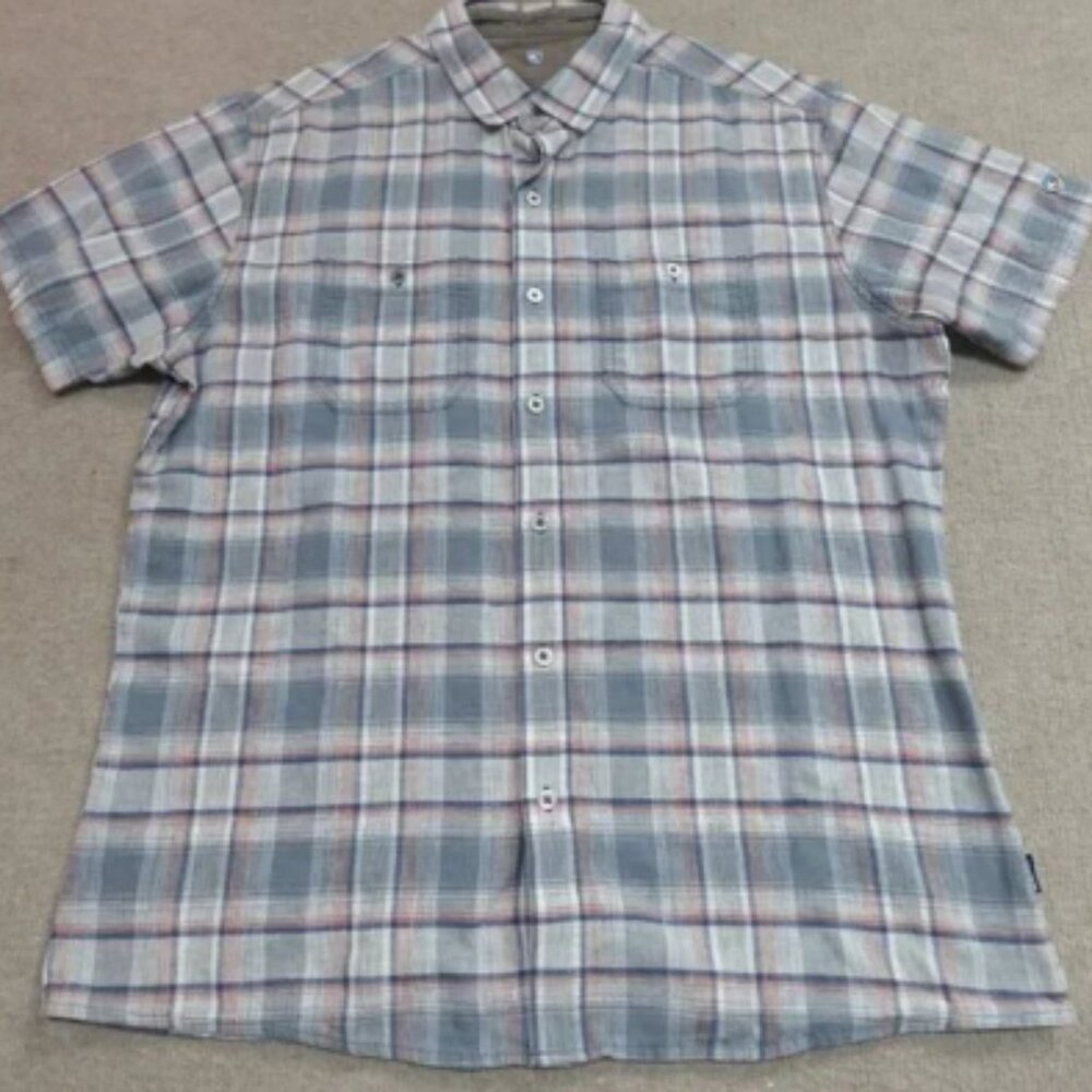 Kuhl Skorpio Shirt Large Blue Gray Plaid Short Sleeve Linen Blend